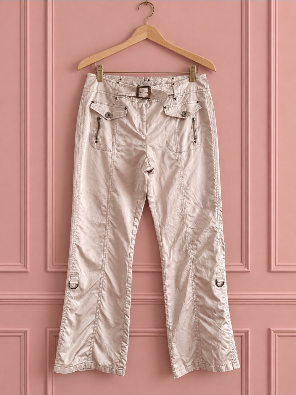 Y2K Terra Nostra Metallic Ivory Nylon Utility Pants Size 12